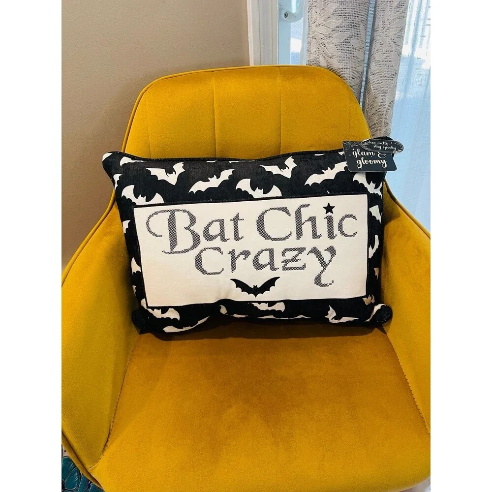 EMBROIDERED BAT CHIC CRAZY Halloween Pillow
